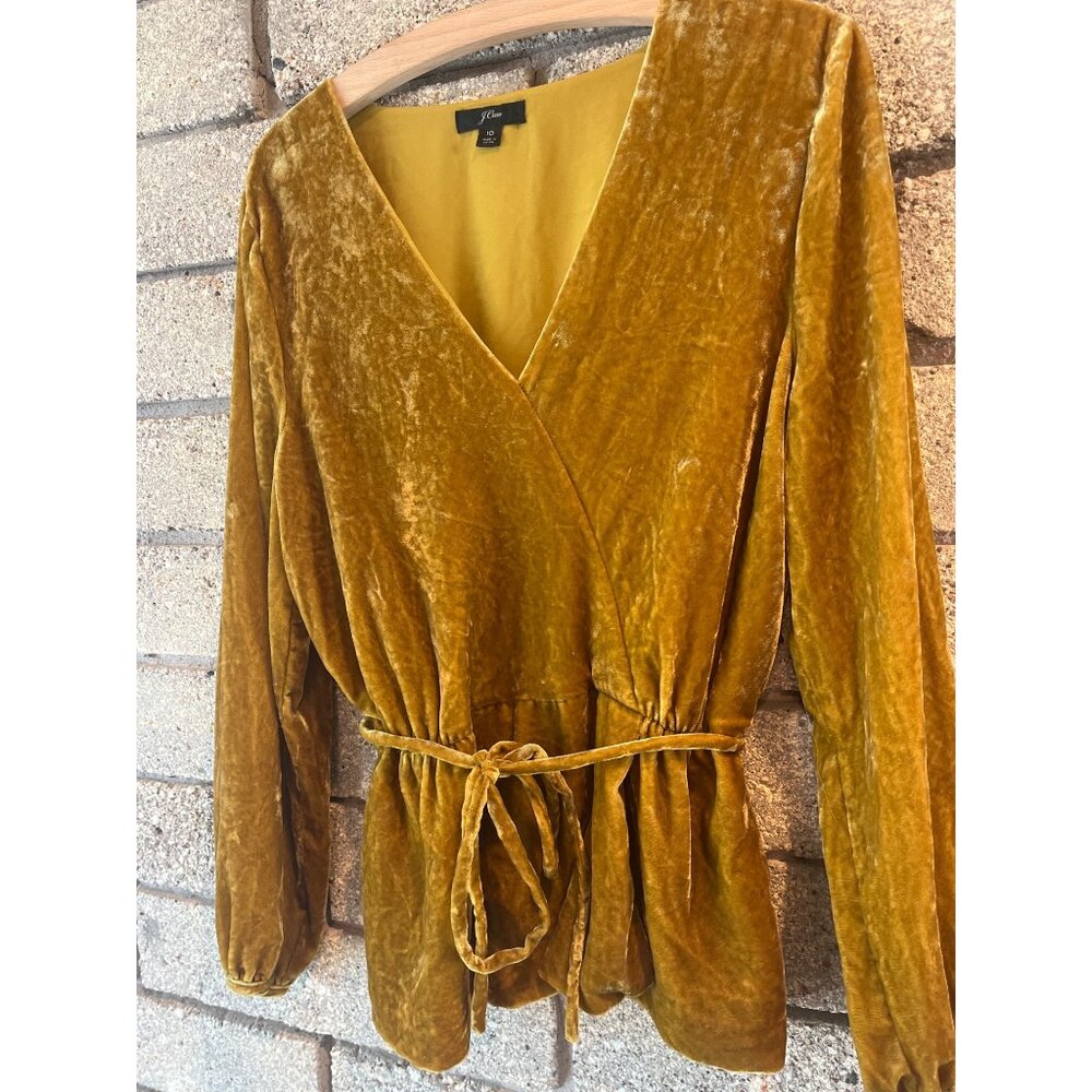 J. Crew Golden Velvet Wrap Blouse With Tie Waist Long Sleeves V-Neck Women’s Siz - Picture 3 of 8